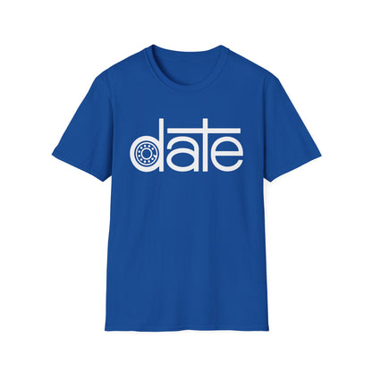 Blue t-shirt with white text that reads "date" with a gear for the 'a'.