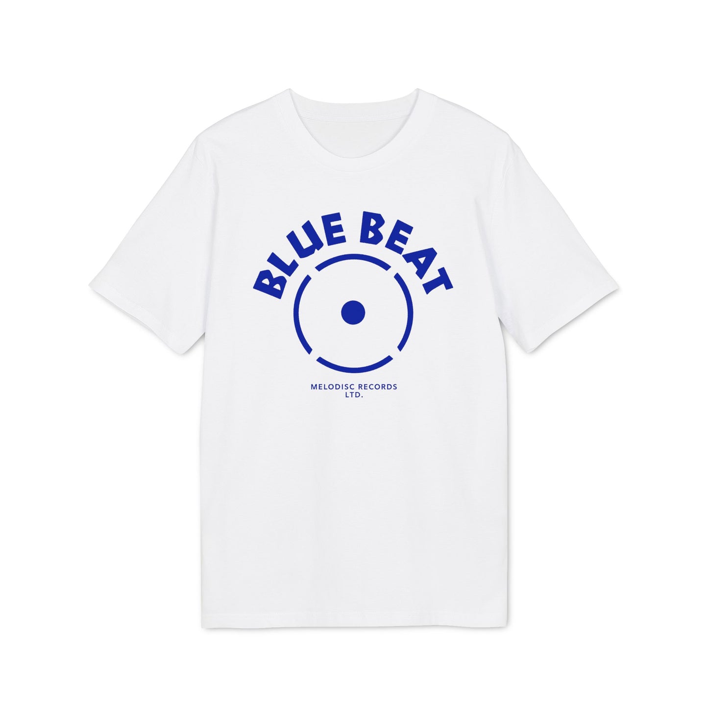White t-shirt with "BLUE BEAT" and a record design printed in blue.