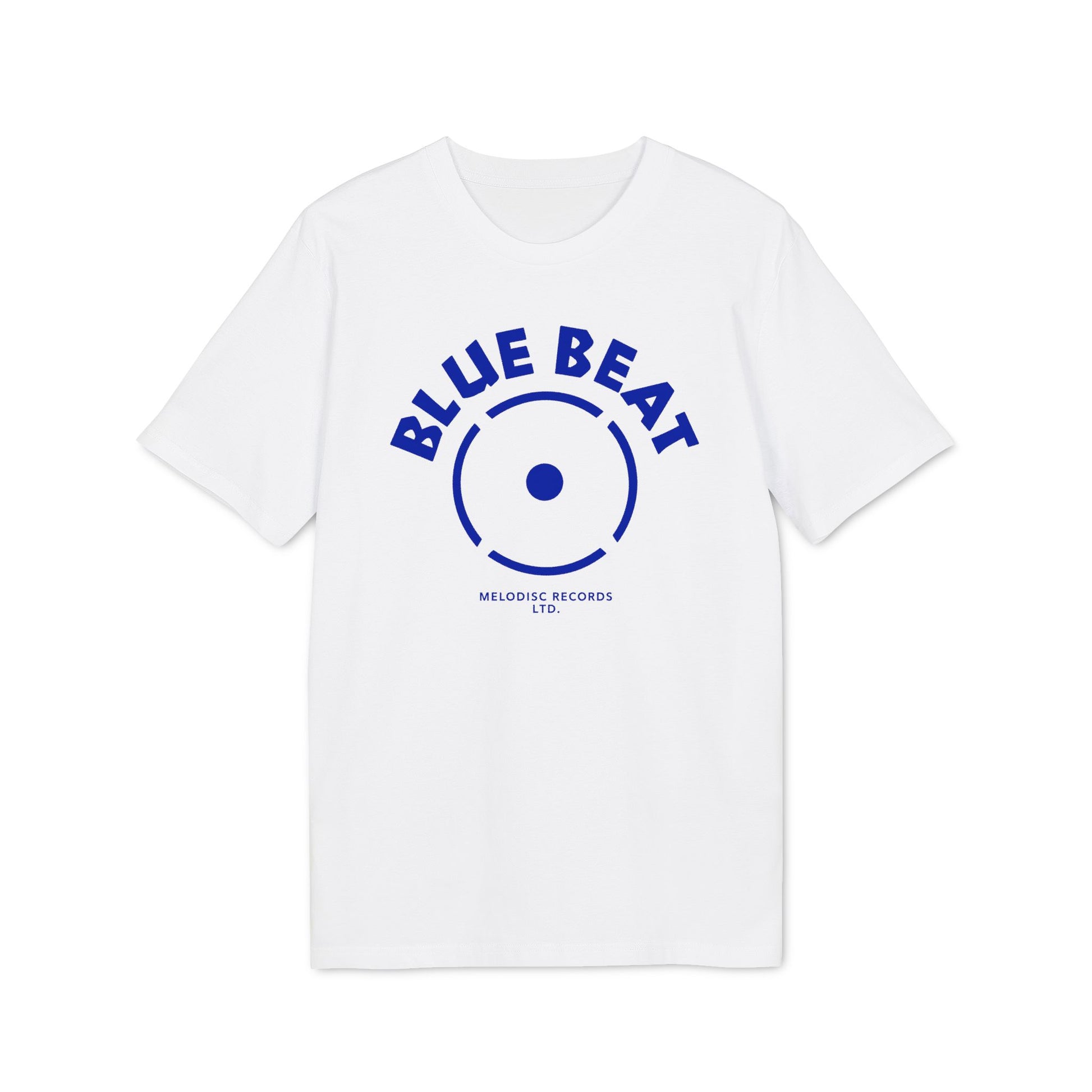 White t-shirt with "BLUE BEAT" and a record design printed in blue.