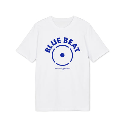 White t-shirt with "BLUE BEAT" and a record design printed in blue.