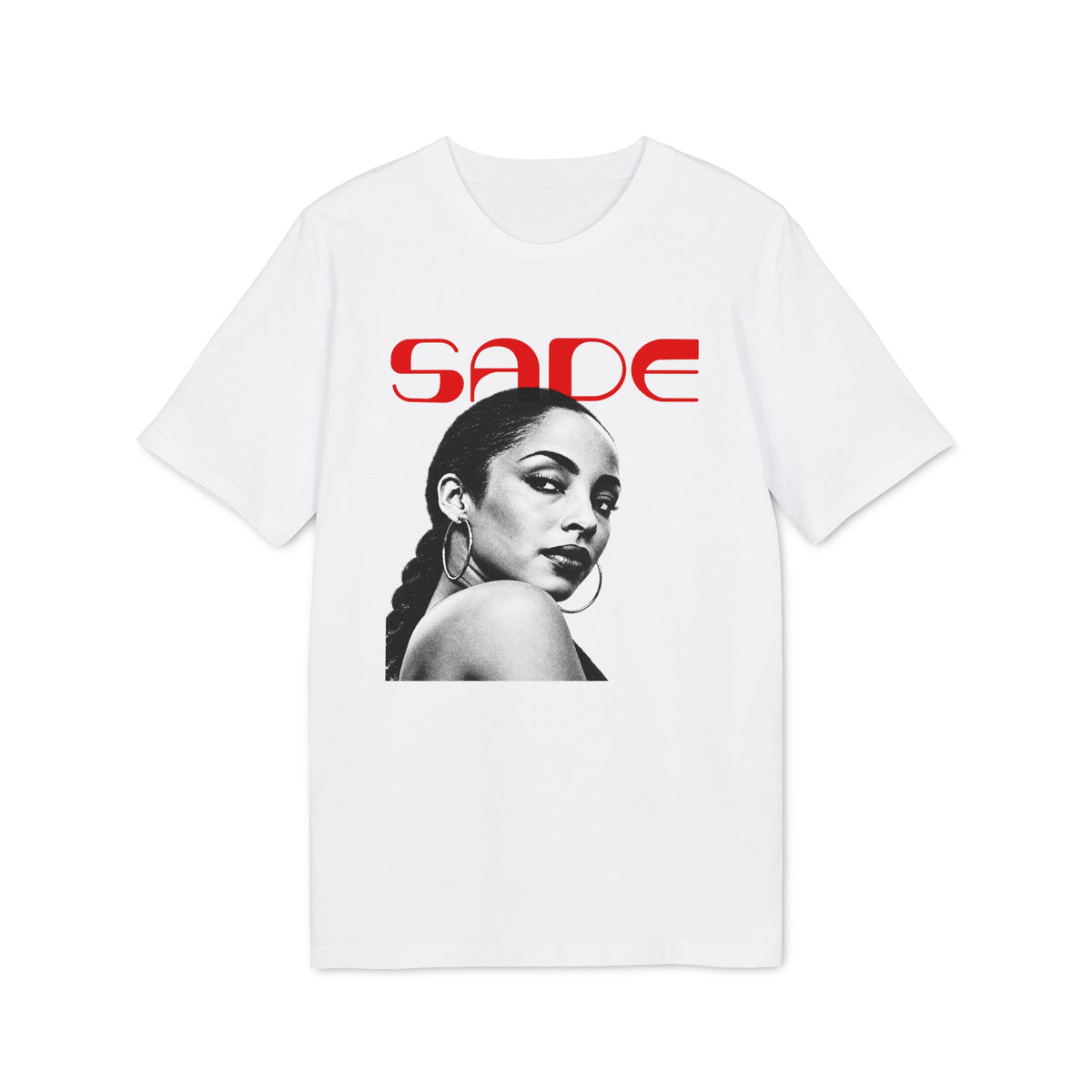 White t-shirt with red "SADE" text above a black and white portrait of Sade.