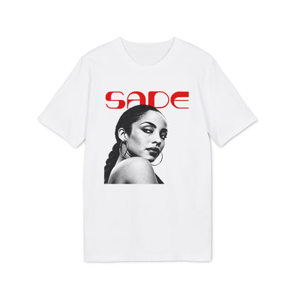 White t-shirt with red "SADE" text above a black and white portrait of Sade.