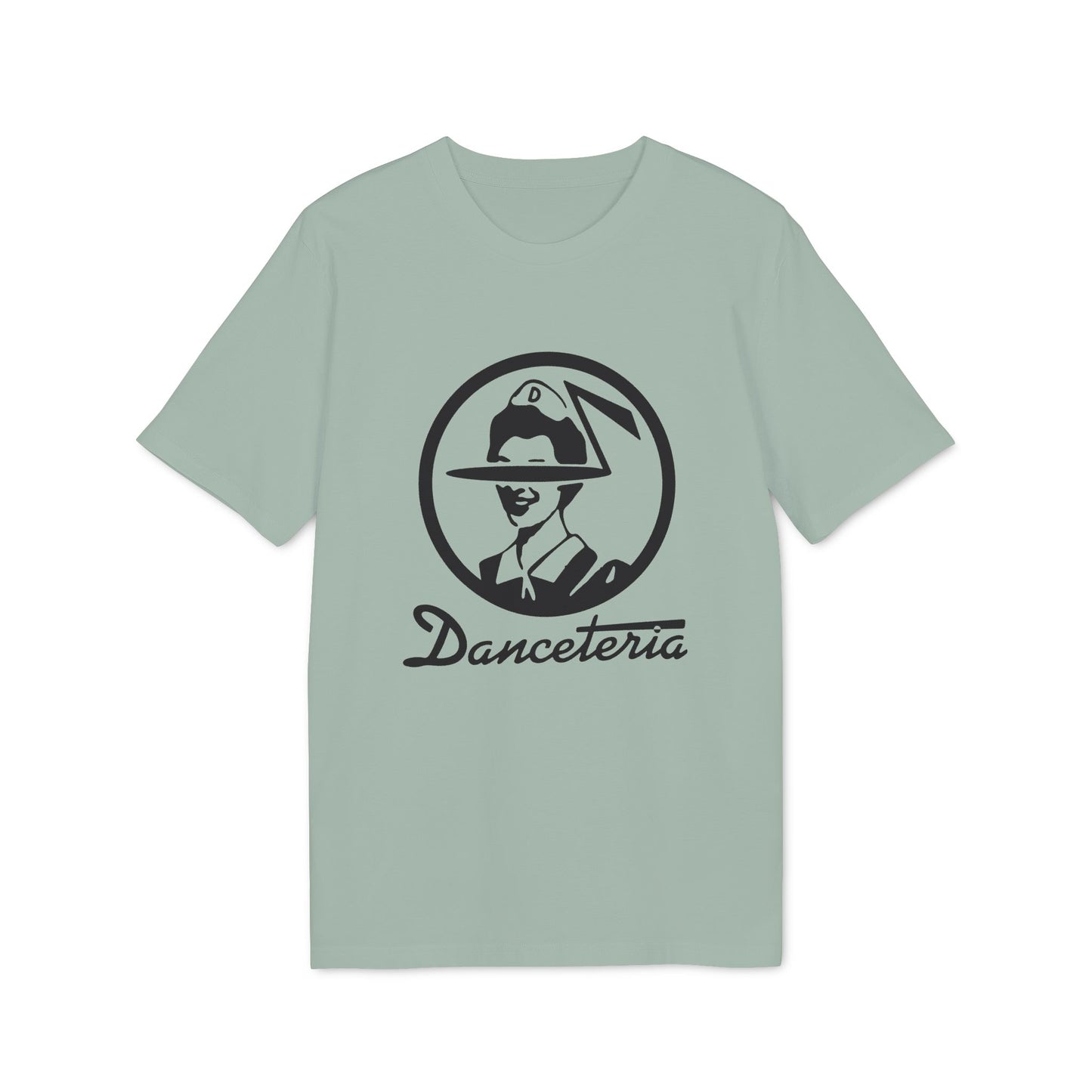 Light green t-shirt with black graphic of a woman in a hat and the word "Danceteria".