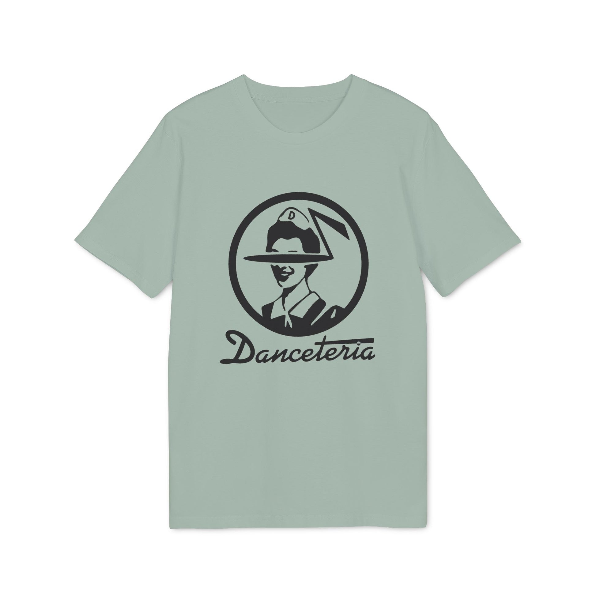 Light green t-shirt with black graphic of a woman in a hat and the word "Danceteria".