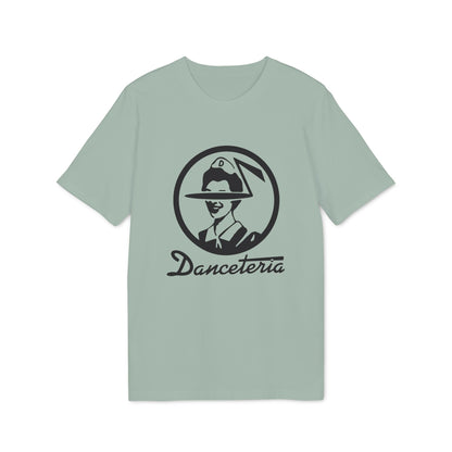 Light green t-shirt with black graphic of a woman in a hat and the word "Danceteria".