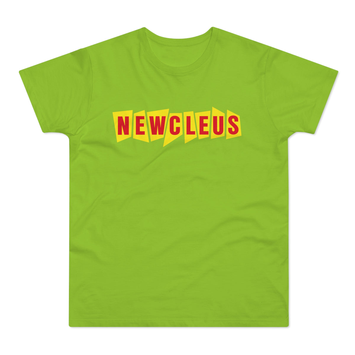 Lime green t-shirt with red "NEWCLEUS" text on yellow geometric shapes.