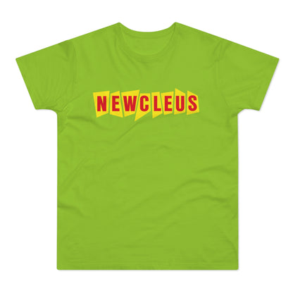 Lime green t-shirt with red "NEWCLEUS" text on yellow geometric shapes.