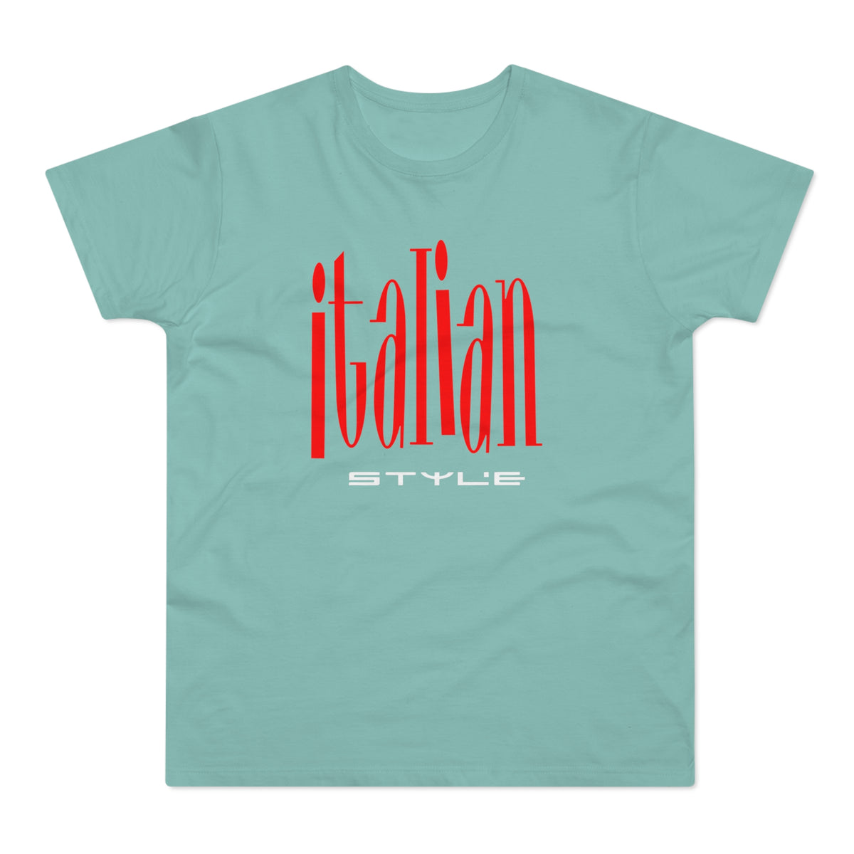 Aqua t-shirt with red "italian STYLE" text graphic.