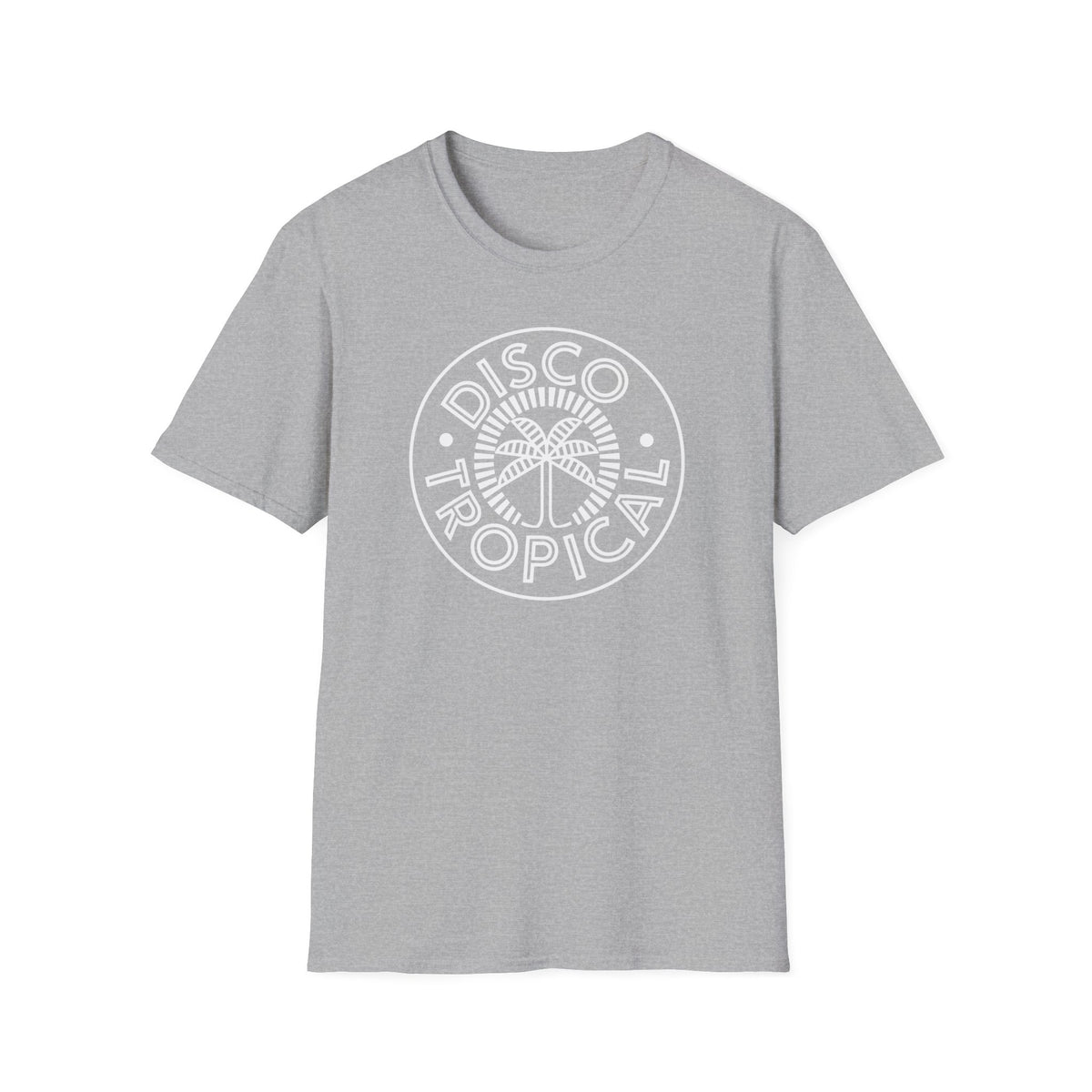 Grey t-shirt with white "Disco Tropical" circular text and palm tree graphic.