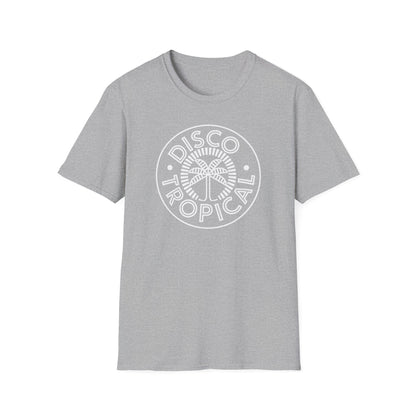 Grey t-shirt with white "Disco Tropical" circular text and palm tree graphic.