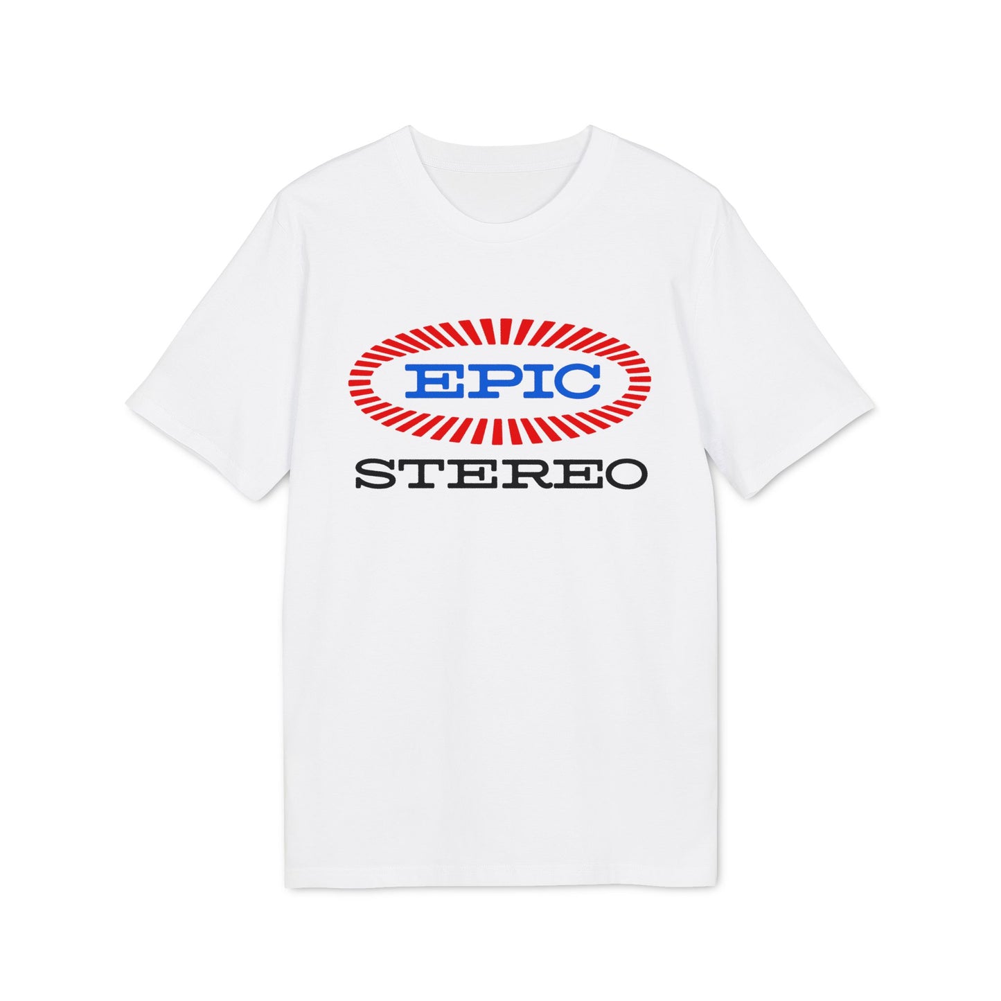 White t-shirt with a red and blue "EPIC STEREO" logo on the front.