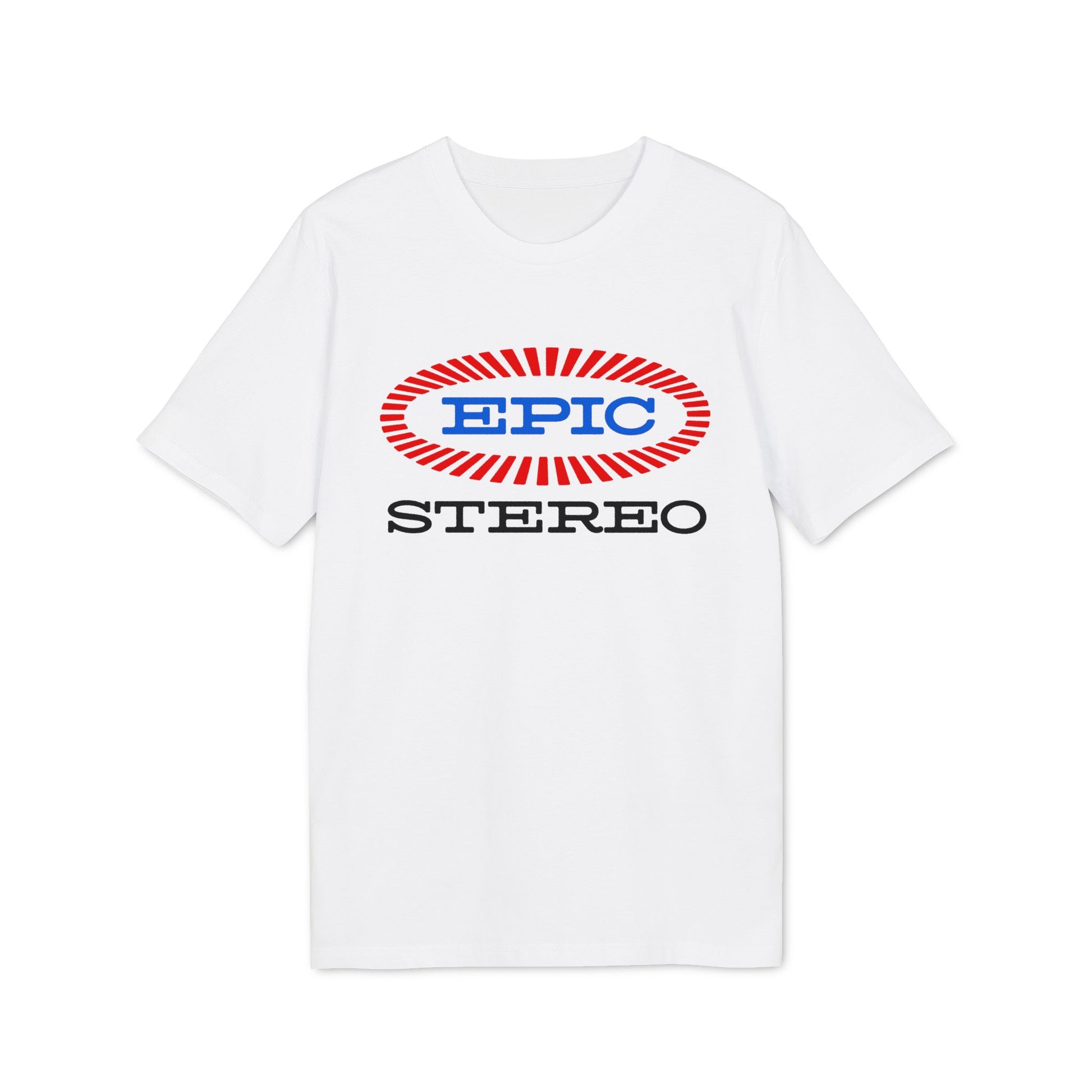 White t-shirt with a red and blue "EPIC STEREO" logo on the front.