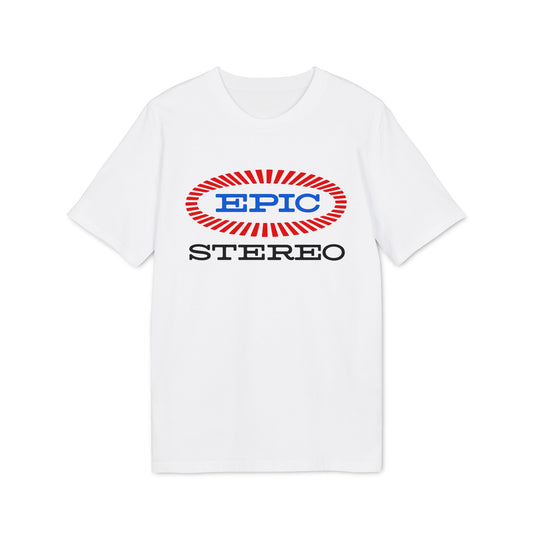White t-shirt with a red and blue "EPIC STEREO" logo on the front.