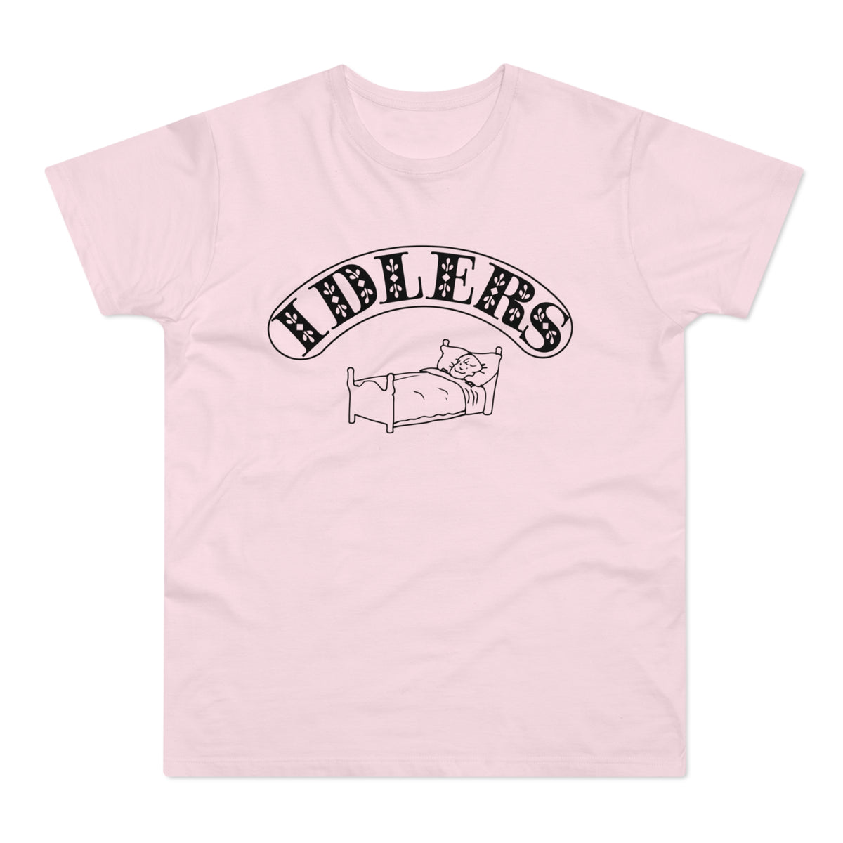 Pink t-shirt with black text "FIDDLERS" and a drawing of a person in bed.