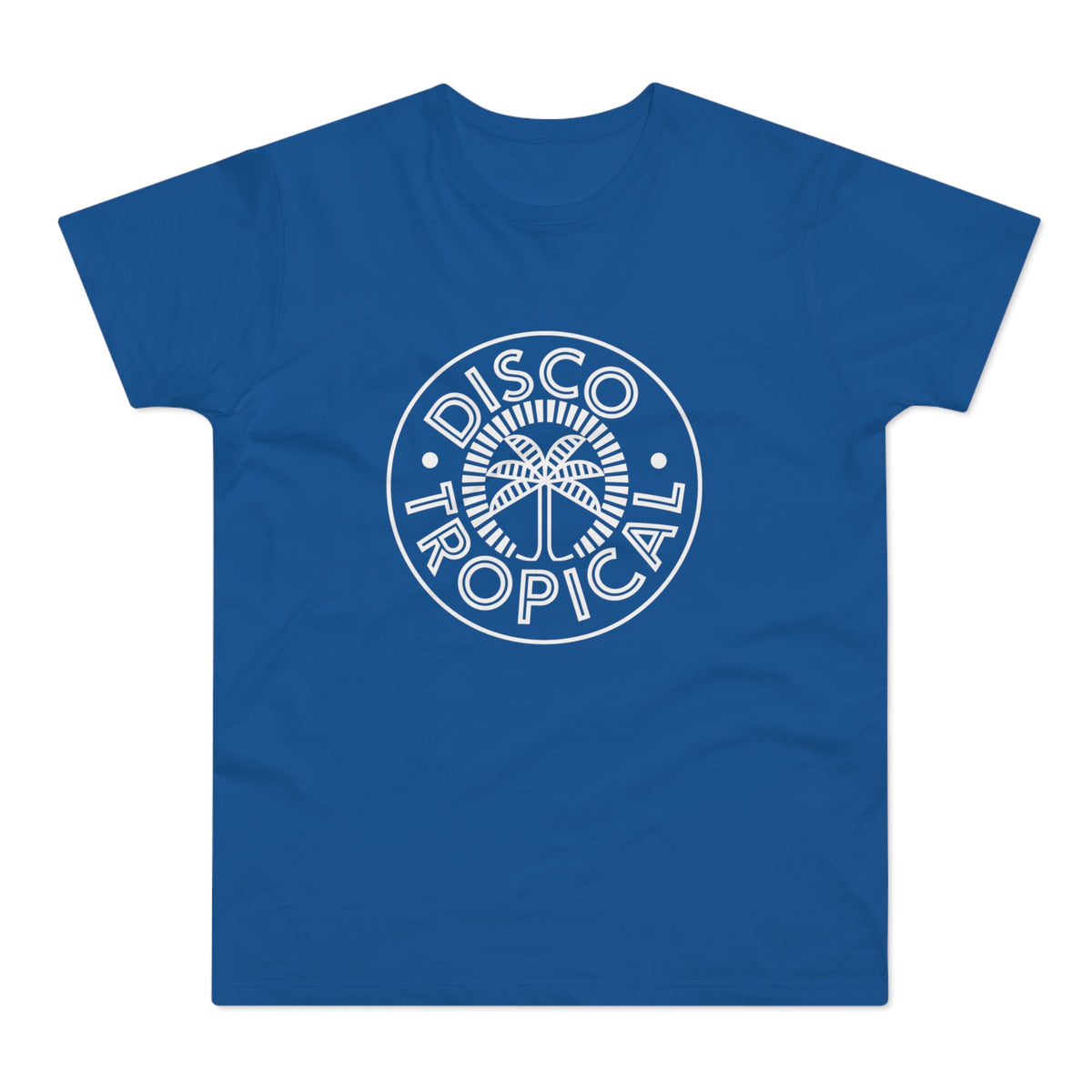 Royal blue t-shirt with white "Disco Tropical" palm tree logo.