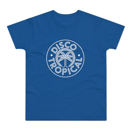 Royal blue t-shirt with white "Disco Tropical" palm tree logo.