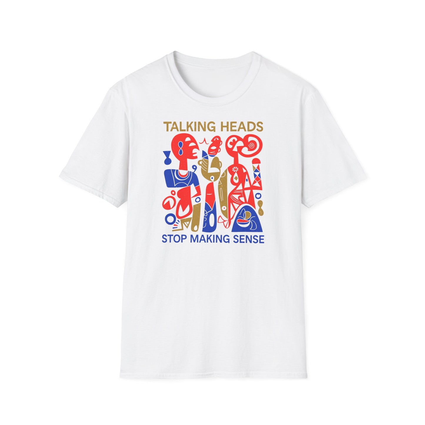 White t-shirt with colorful "Talking Heads Stop Making Sense" abstract graphic.