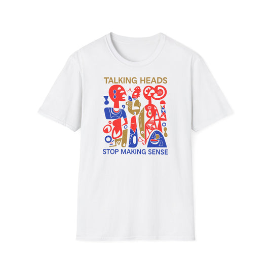White t-shirt with colorful "Talking Heads Stop Making Sense" abstract graphic.