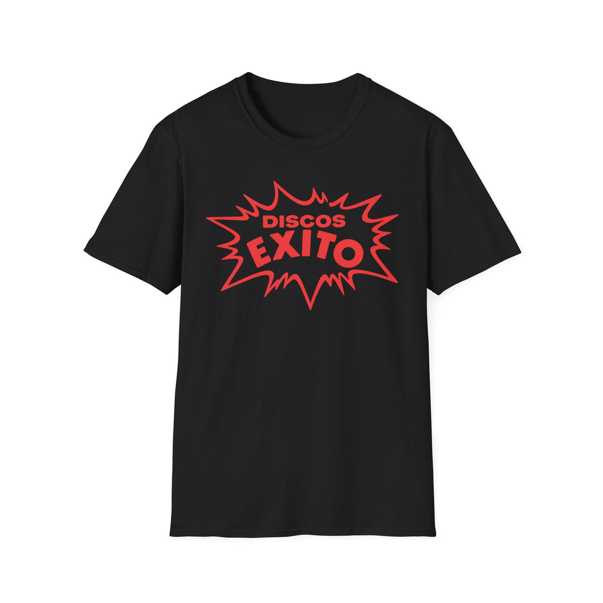 Black t-shirt with red "Discos Exito" text in a comic book style graphic.