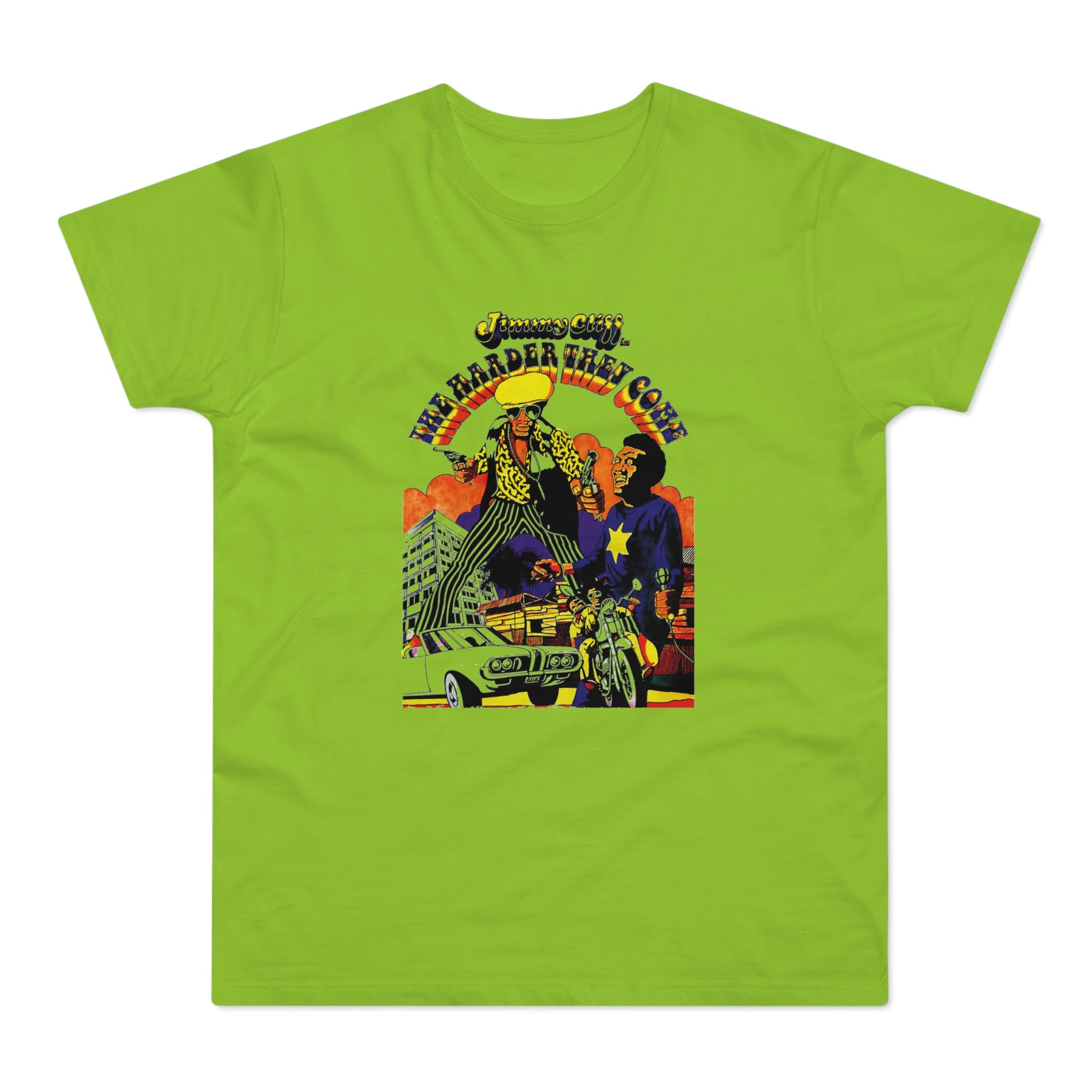 Jimmy Cliff "The Harder They Come" artwork with characters and vehicles.