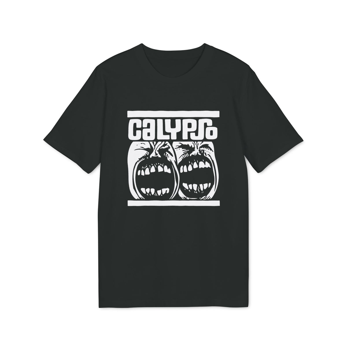 Black t-shirt with white "CALYPSO" text and two screaming faces graphic.