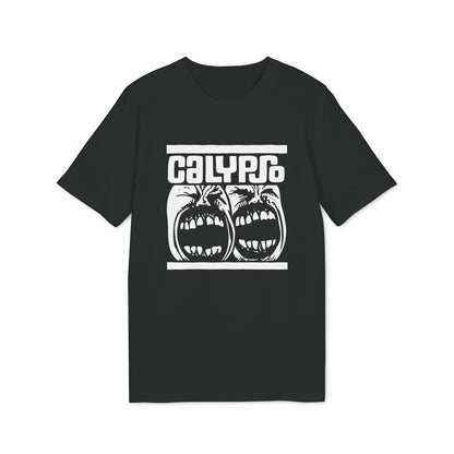 Black t-shirt with white "CALYPSO" text and two screaming faces graphic.