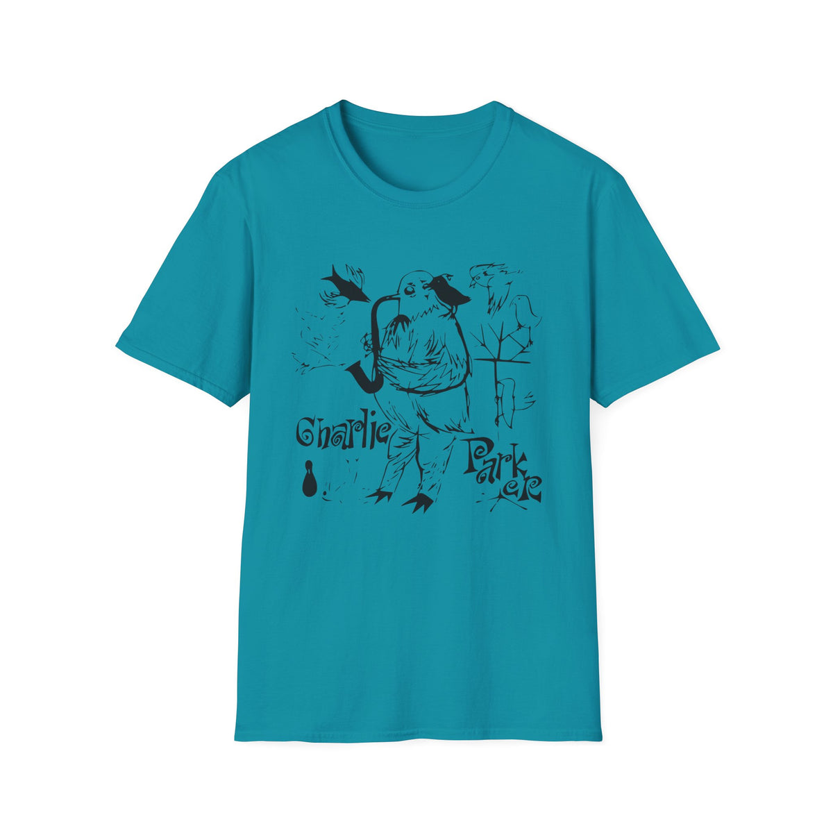 Turquoise t-shirt with black line drawing of a bird playing saxophone and "Charlie Park" text.