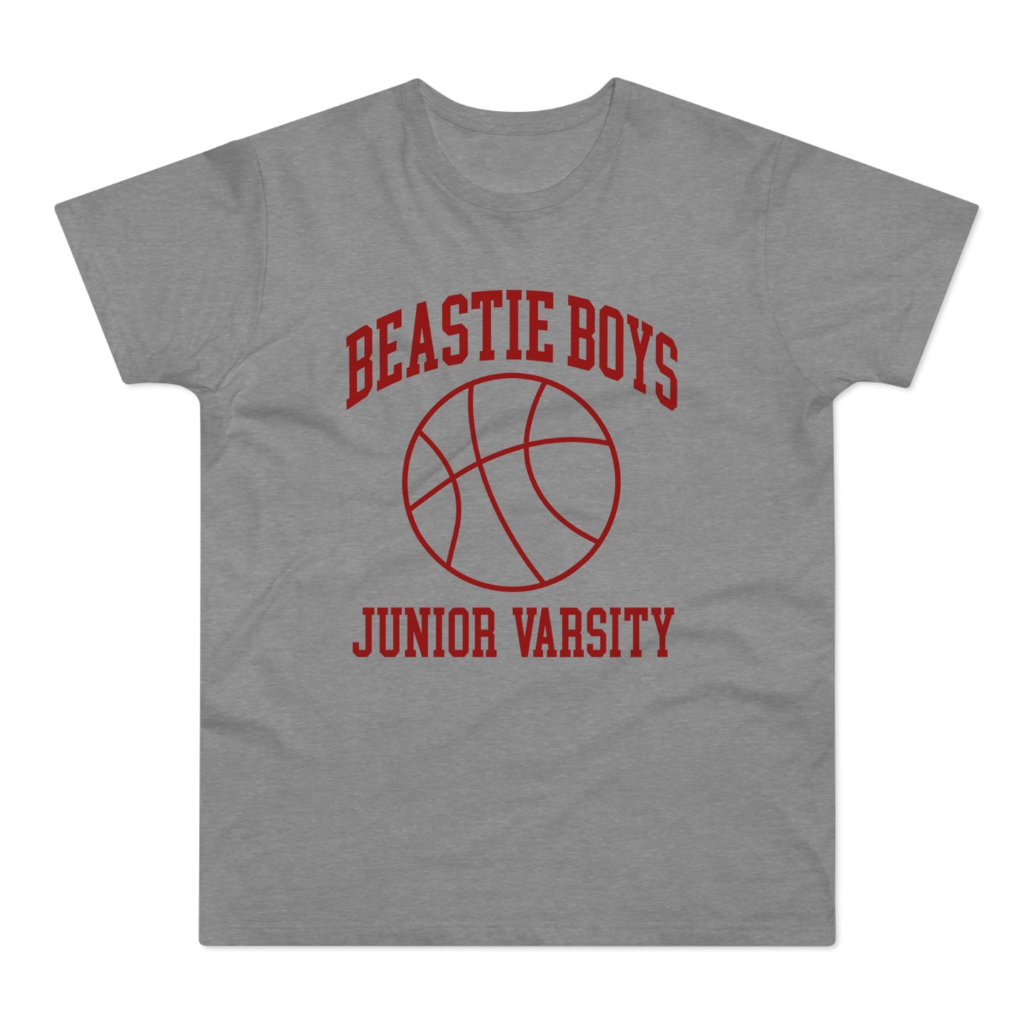 Grey shirt with red Beastie Boys Junior Varsity text and basketball graphic.