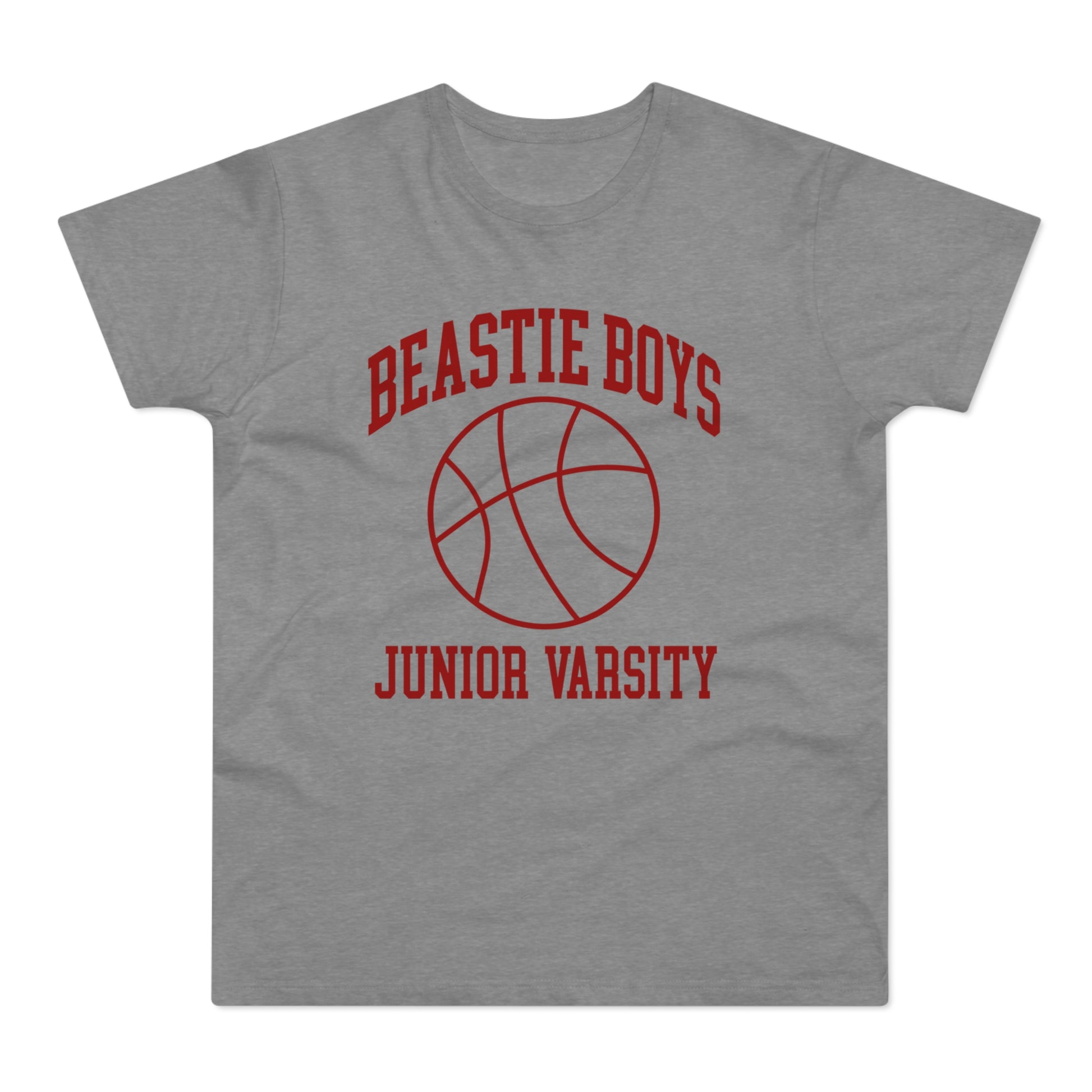 Grey shirt with red Beastie Boys Junior Varsity text and basketball graphic.
