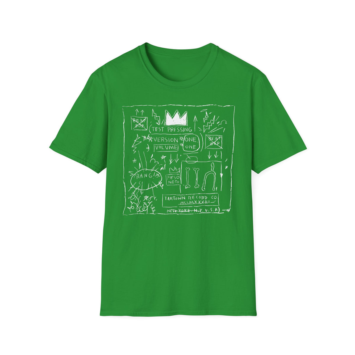 Green t-shirt with white text and line art including a crown and skull.