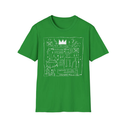 Green t-shirt with white text and line art including a crown and skull.