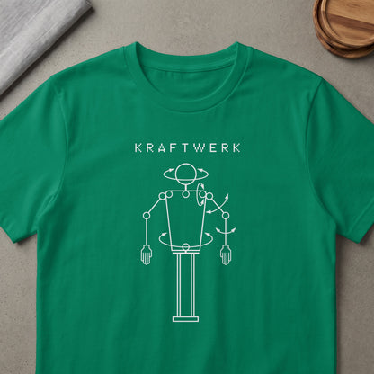 Green t-shirt with white "KRAFTWERK" text and robot diagram.