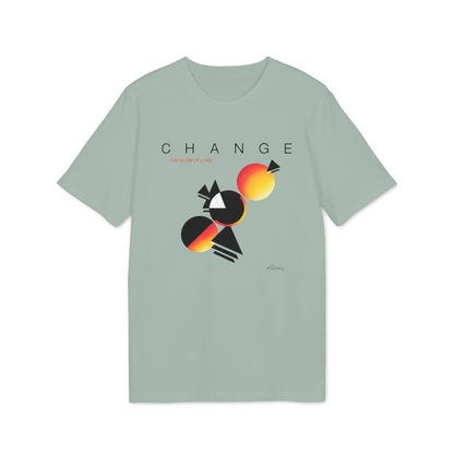 T-shirt with "CHANGE THE GLOW OF LOVE" text and abstract circles and triangles graphic.