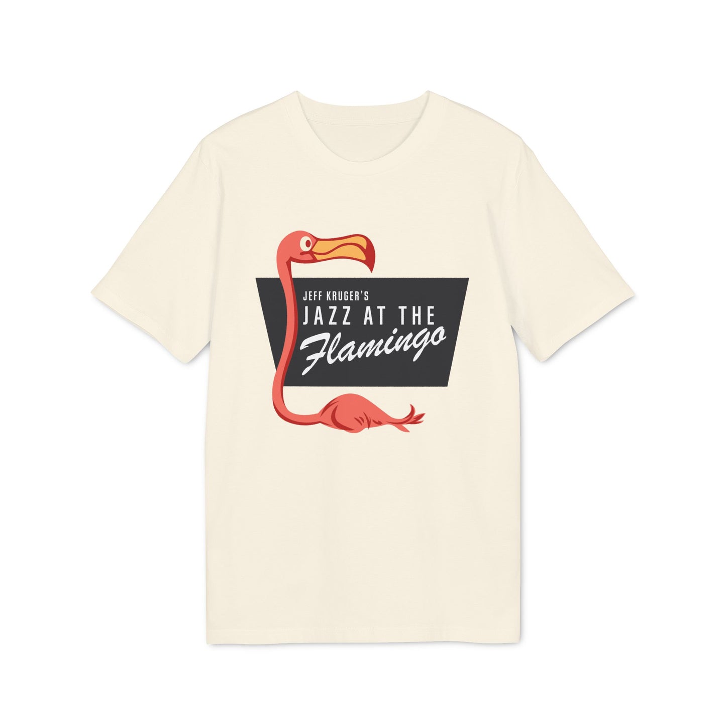 Cream t-shirt with a pink flamingo graphic and "Jazz at the Flamingo" text.