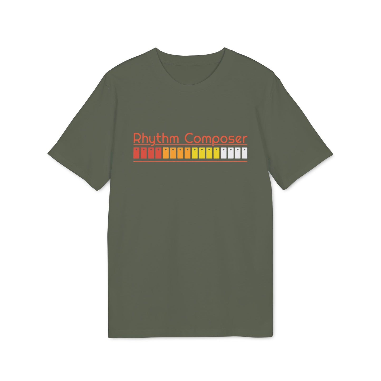Green t-shirt with "Rhythm Composer" and a colorful equalizer graphic.