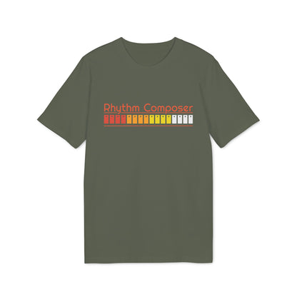 Green t-shirt with "Rhythm Composer" and a colorful equalizer graphic.