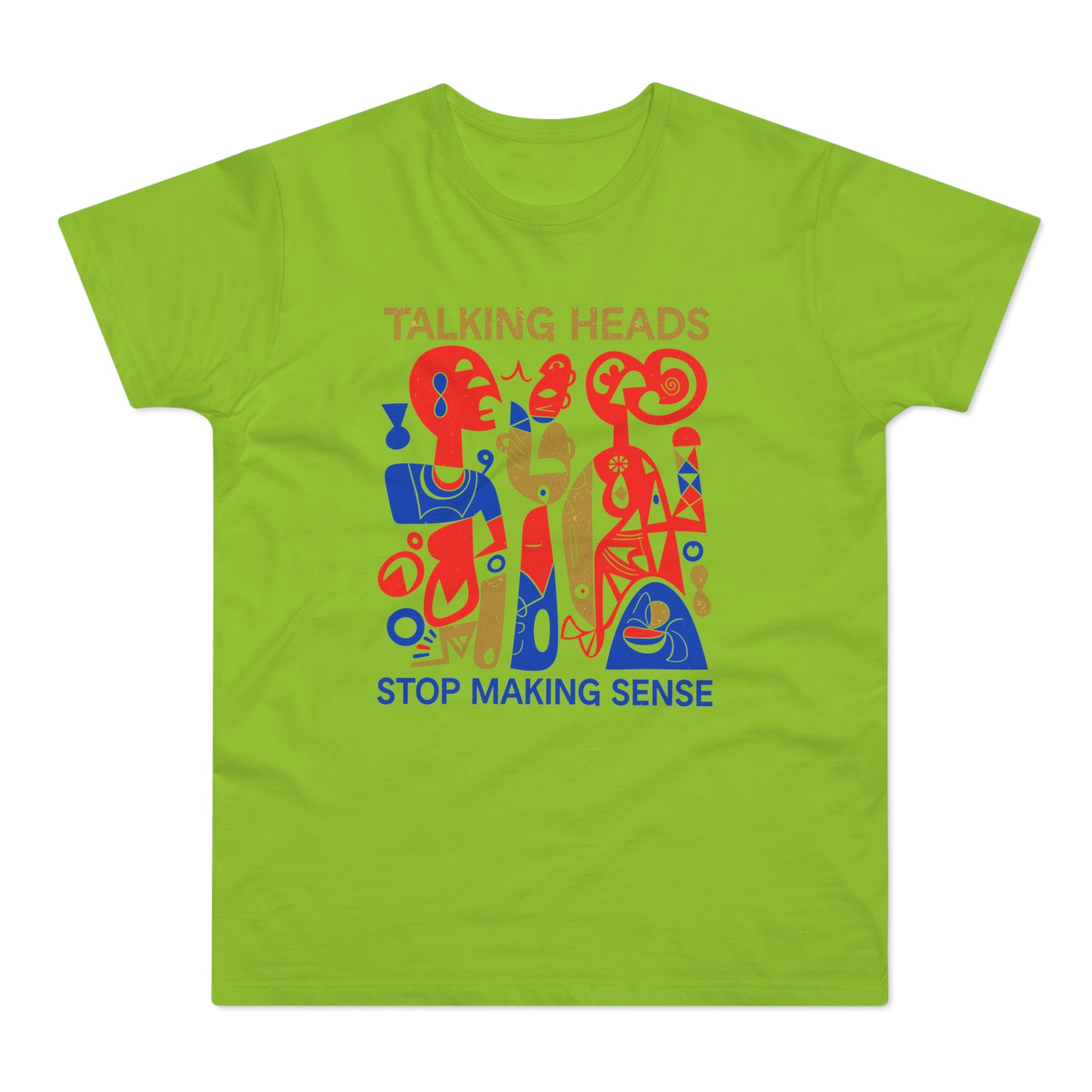 Lime green t-shirt with Talking Heads "Stop Making Sense" abstract art.