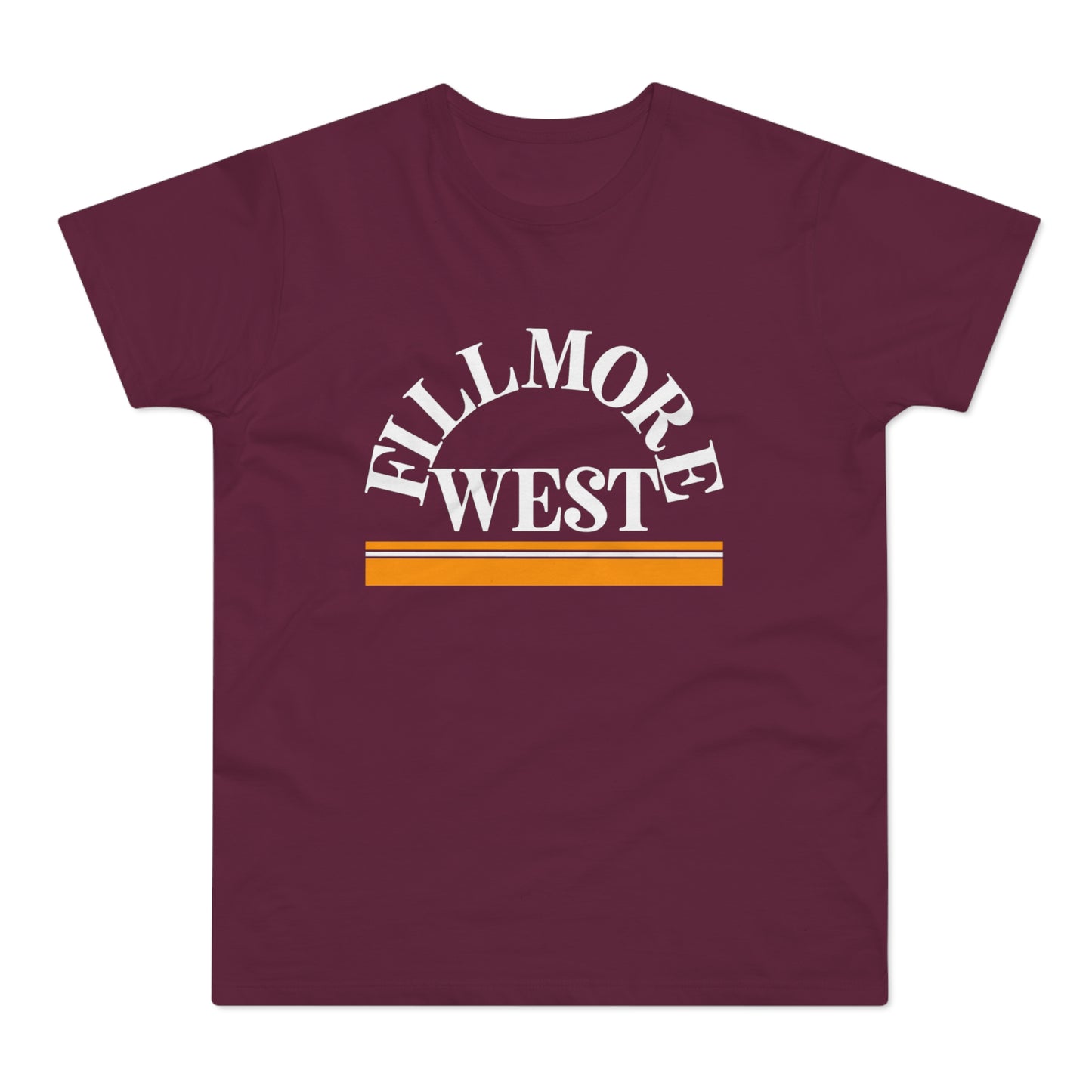 Maroon t-shirt with "FILLMORE WEST" text and orange stripes