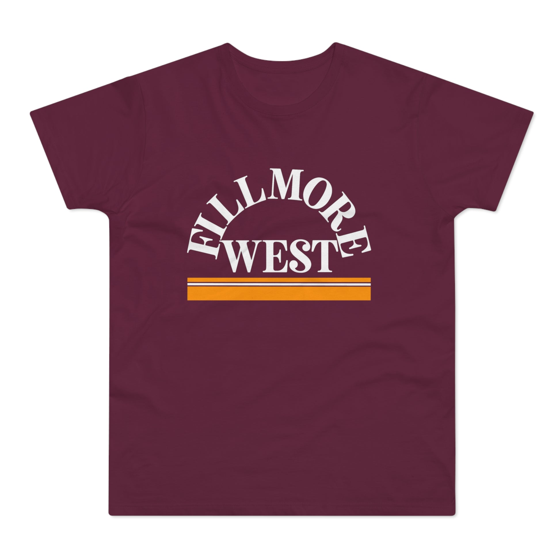 Maroon t-shirt with "FILLMORE WEST" text and orange stripes