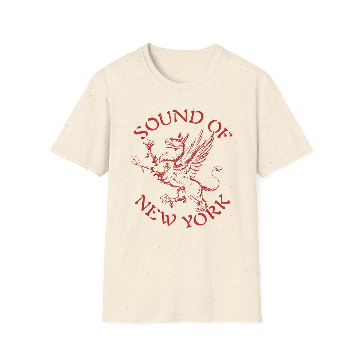 Cream t-shirt with red graphic of a griffin and "Sound of New York" text.