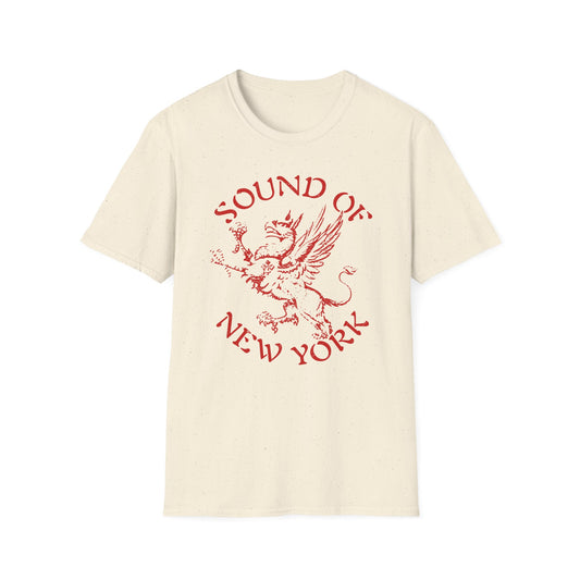 Cream t-shirt with red graphic of a griffin and "Sound of New York" text.