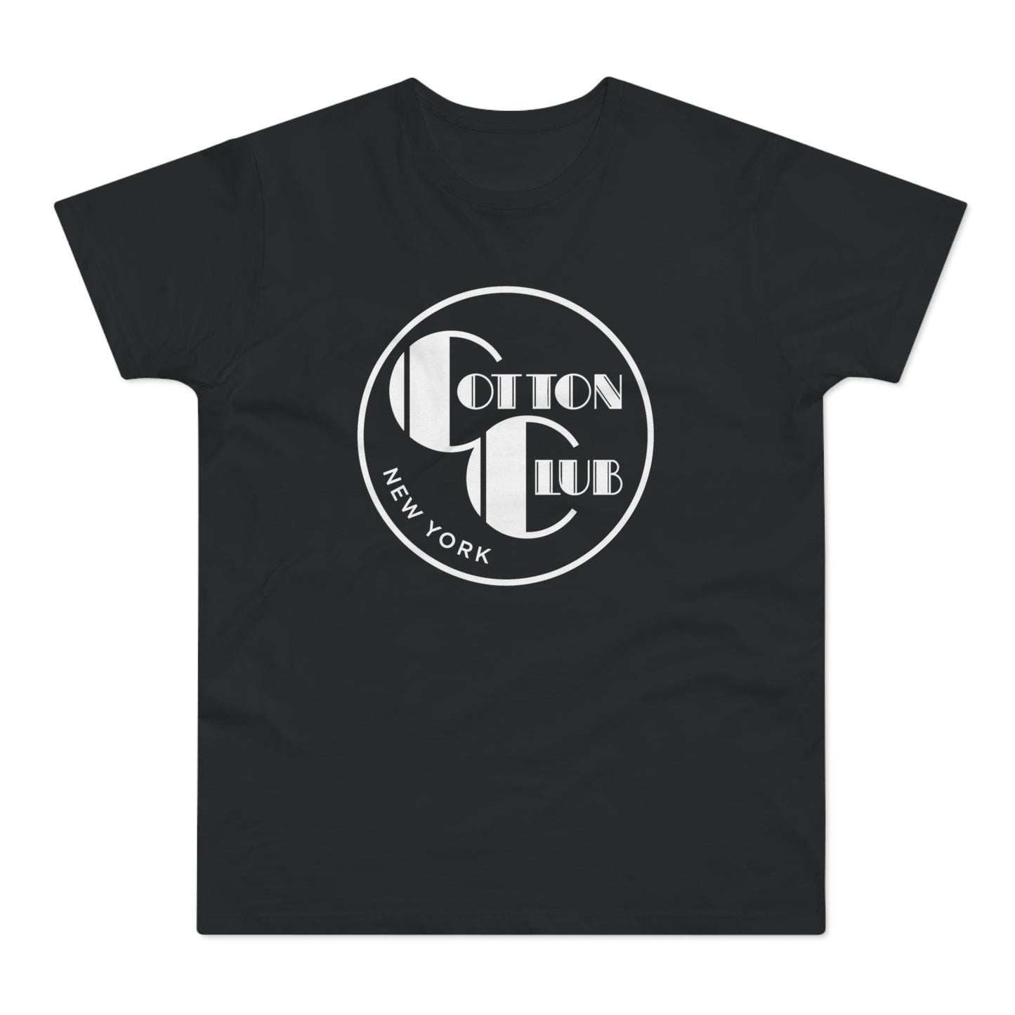 Black t-shirt with white Cotton Club New York logo on chest.