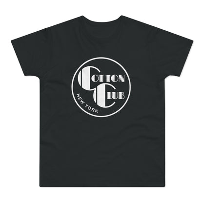 Black t-shirt with white Cotton Club New York logo on chest.