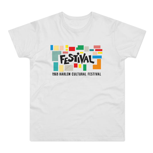 White t-shirt with colorful block shapes and text "FESTIVAL 1969 HARLEM CULTURAL FESTIVAL".