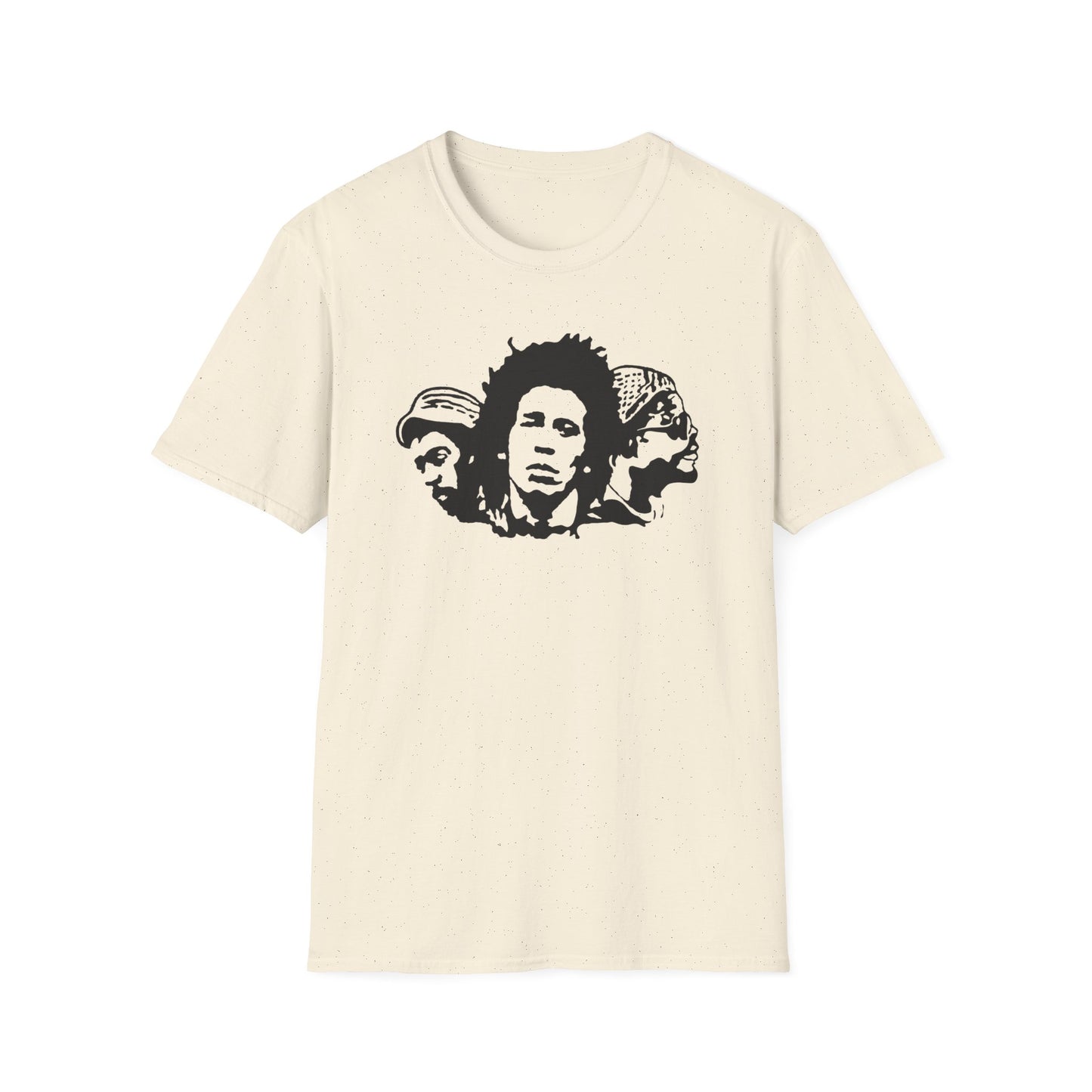 T-shirt with a black silhouette of three reggae musicians' faces.