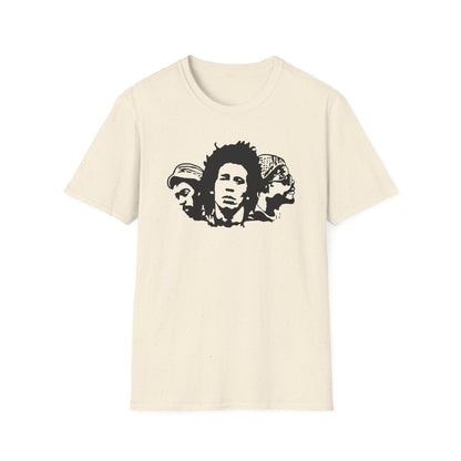 T-shirt with a black silhouette of three reggae musicians' faces.