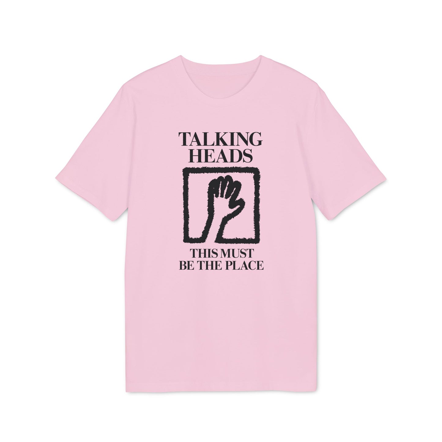 Pink t-shirt with "TALKING HEADS THIS MUST BE THE PLACE" text and hand graphic.