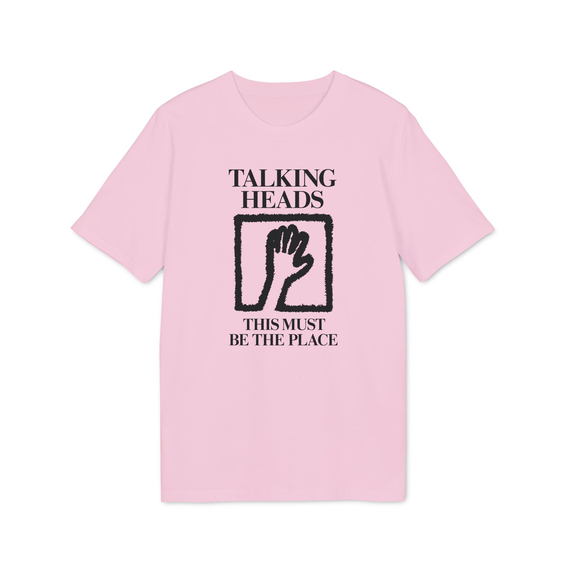 Pink t-shirt with "TALKING HEADS THIS MUST BE THE PLACE" text and hand graphic.