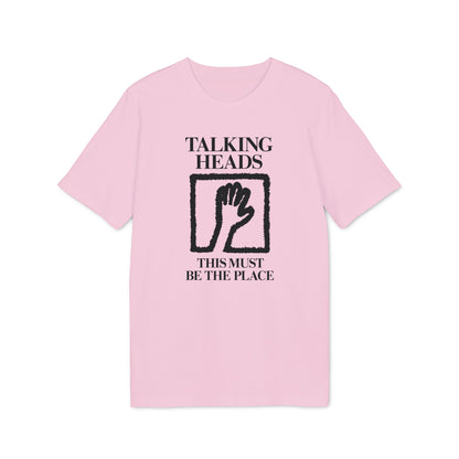 Pink t-shirt with "TALKING HEADS THIS MUST BE THE PLACE" text and hand graphic.