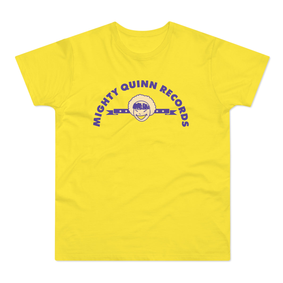 Yellow t-shirt with purple Mighty Quinn Records logo and smiling face graphic.